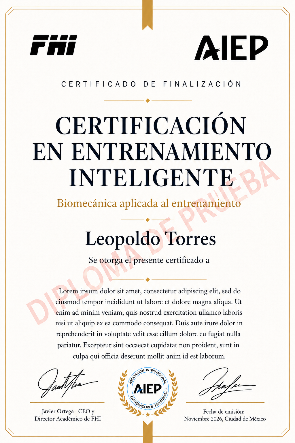 Diploma digital de la certificación FHI avalado por AIEP